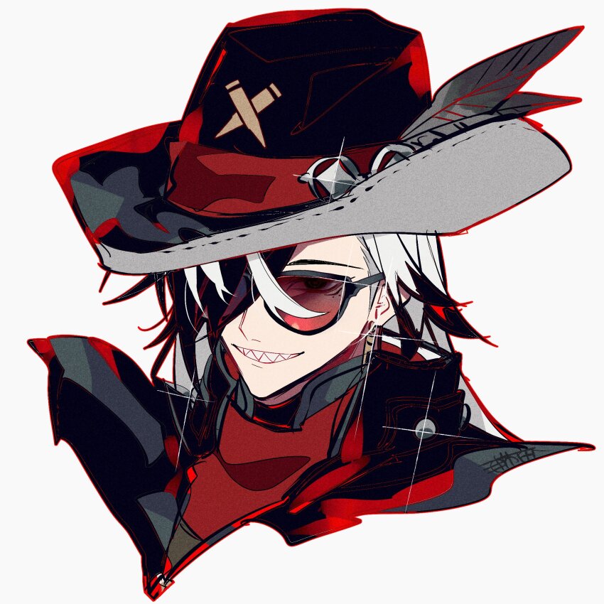 1boy black_hair black_hat boothill_(honkai:_star_rail) feathers grin hair_over_one_eye hat hat_feather highres honkai:_star_rail honkai_(series) male_focus multicolored_hair portrait sharp_teeth smile solo split-color_hair sunglasses teeth tinted_eyewear two-tone_hair u_5ham0 white_background white_hair