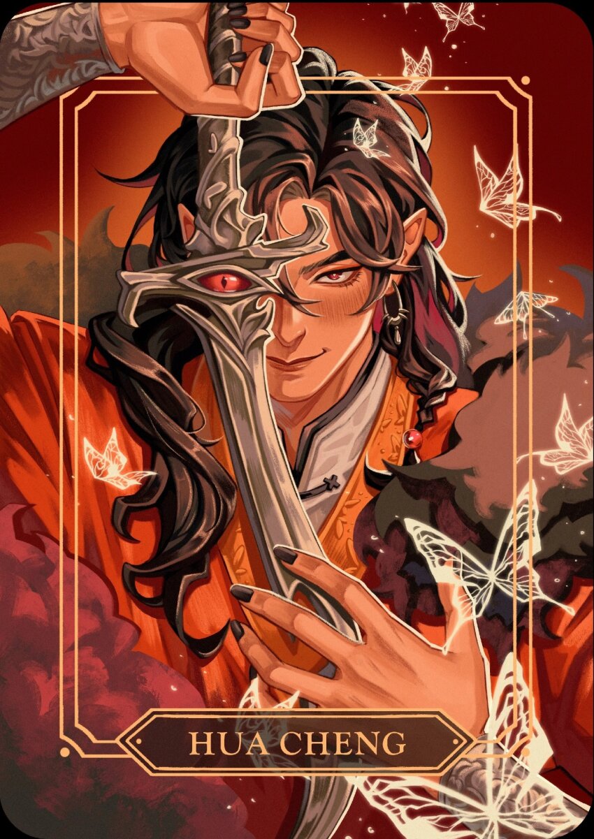 1boy animal_print beads black_hair border bracer braid bug butterfly butterfly_print character_name chinese_clothes closed_mouth commentary earrings english_commentary fur_trim glowing_butterfly gold_border hair_beads hair_ornament hanfu highres holding holding_weapon hua_cheng insect inset_border jewelry layered_clothes long_hair long_sleeves looking_at_viewer male_focus one_eye_covered ornate_border pointy_ears red_background red_eyes red_hanfu red_robe robe scimitar side_braid smile sword tianguan_cifu verbartt weapon white_butterfly