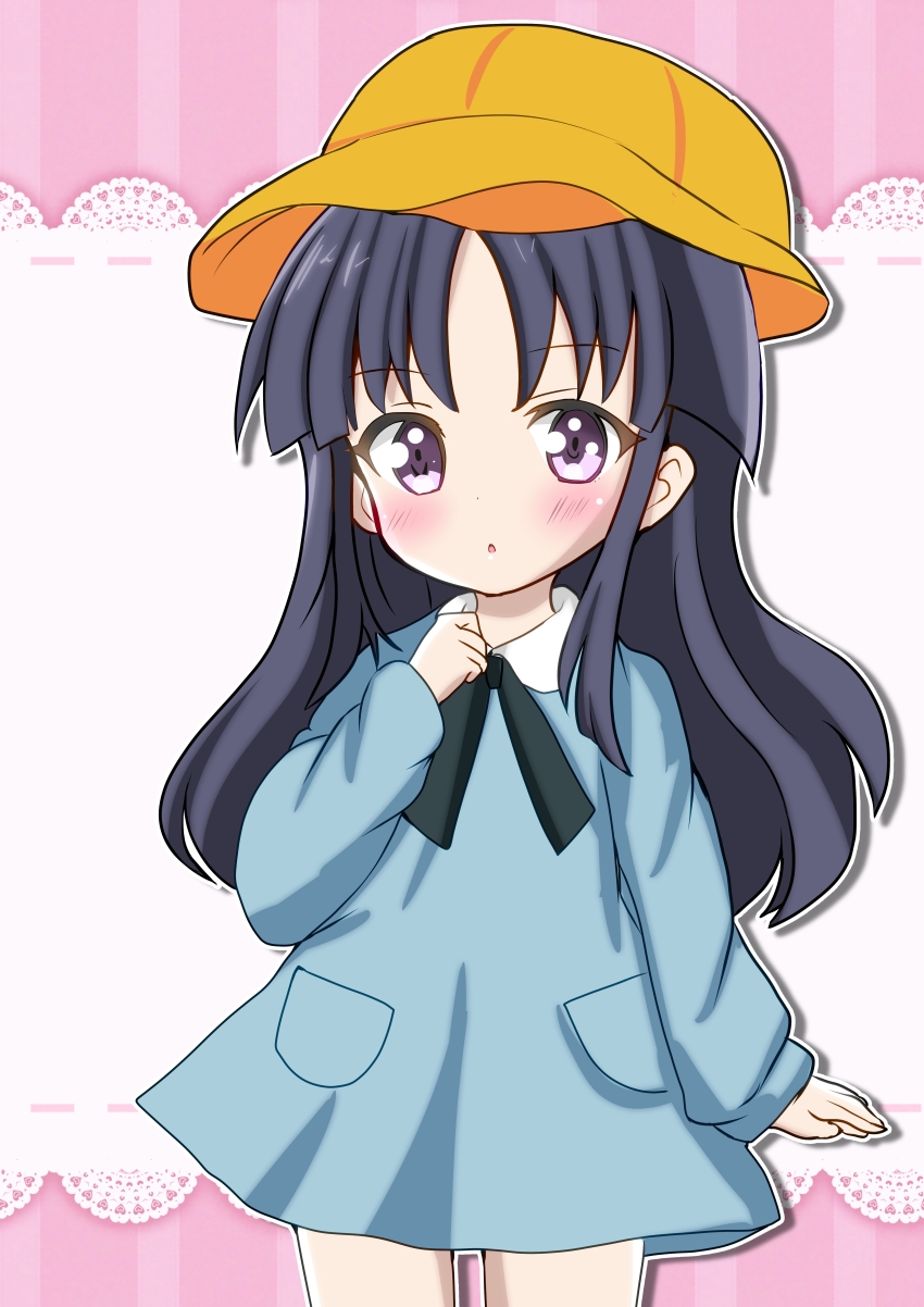 1girl :o absurdres aged_down arm_at_side assault_lily black_hair black_ribbon blue_dress blush child commentary cowboy_shot dress ebisu_nobu hand_up hat highres kindergarten_uniform lace_background long_hair long_sleeves looking_at_viewer neck_ribbon official_alternate_costume parted_lips pink_background pocket purple_eyes ribbon school_hat shirai_yuyu solo standing two-tone_background white_background yellow_hat