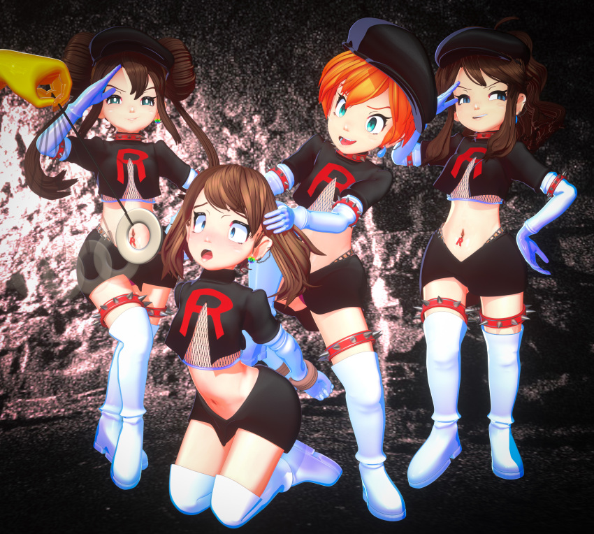 4girls :d absurdres asymmetrical_hair banchouforte baseball_cap blue_eyes breasts brown_hair closed_mouth cosplay elbow_gloves gen_1_pokemon gloves green_eyes hand_on_own_hip hat highres hilda_(pokemon) hypno hypnosis long_hair looking_at_viewer may_(pokemon) midriff mind_control misty_(pokemon) multiple_girls navel nintendo open_mouth orange_hair pencil_skirt pendulum pokemon pokemon_(anime) pokemon_(classic_anime) pokemon_bw pokemon_bw2 pokemon_rgby pokemon_rse print_shirt rosa_(pokemon) shirt short_hair simple_background skirt small_breasts smile team_rocket team_rocket_grunt team_rocket_grunt_(cosplay) team_rocket_uniform thong twintails white_skirt