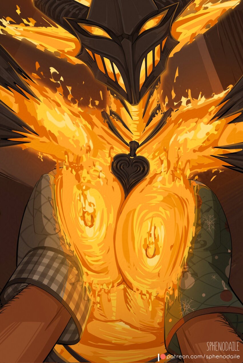 1girl breasts colored_skin elemental_(creature) fiery_hair fire fire_elemental flame_atronach flaming_head grabbing_another&#039;s_breast groping heart heart_necklace helmet highres horns jewelry large_breasts monster monster_girl necklace nipples nude orange_skin oven_mitts pointy_ears pyrokinesis sphenodaile the_elder_scrolls the_elder_scrolls_iv:_oblivion
