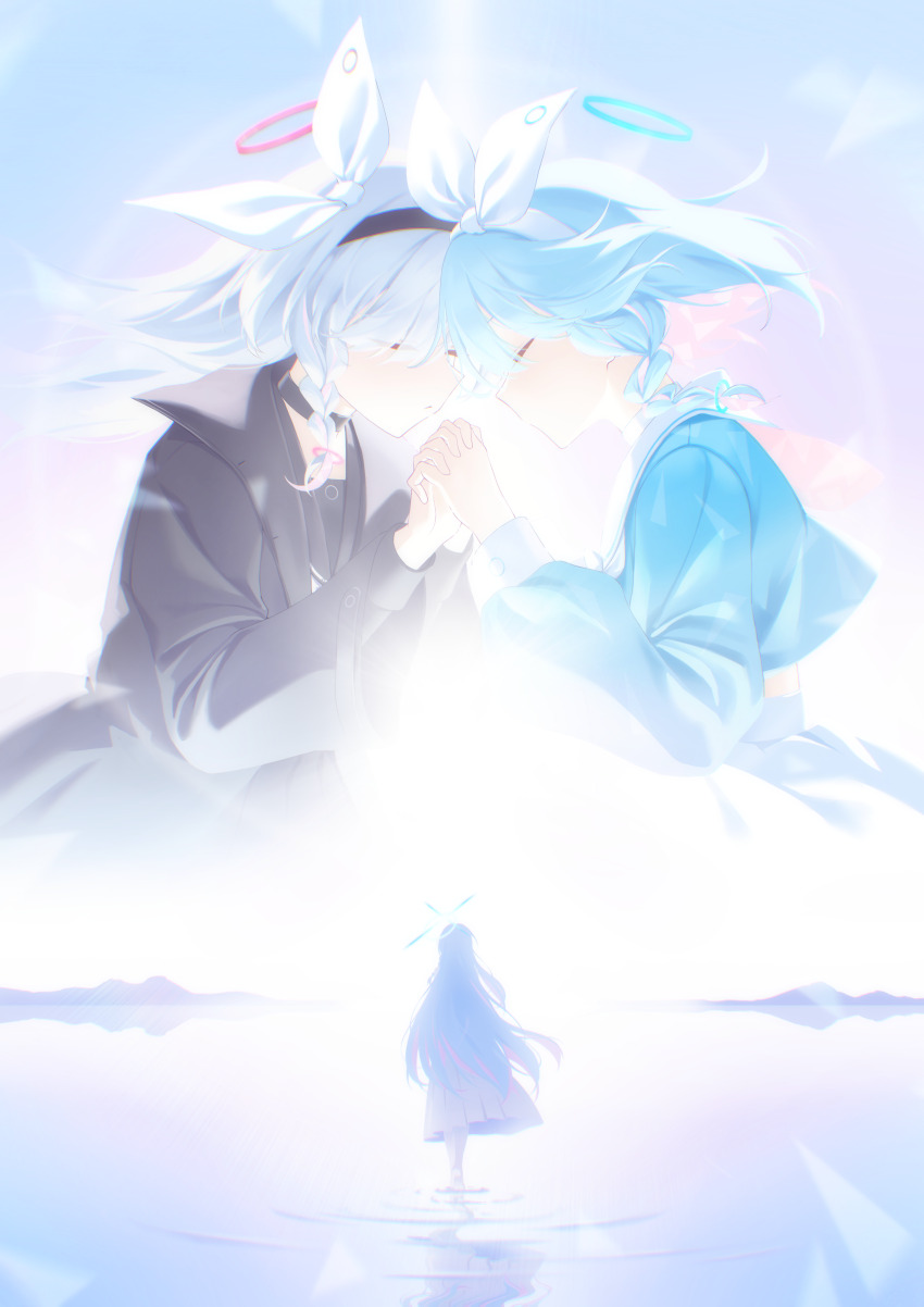 3girls absurdres arona_(blue_archive) black_choker black_hairband black_jacket black_serafuku black_shirt blue_archive blue_hair blue_halo blue_shirt blush boots braid choker closed_eyes closed_mouth colored_inner_hair dress from_behind gaoqiaoyuyin_takahashi general_student_council_president_(blue_archive) grey_hair hair_over_one_eye hair_ribbon hairband halo highres holding_hands jacket long_hair multicolored_hair multiple_girls pink_hair plana_(blue_archive) red_halo ribbon sailor_collar school_uniform serafuku shirt sidelocks single_braid skirt standing standing_on_liquid two-tone_hair walking white_boots white_dress white_ribbon white_sailor_collar white_skirt