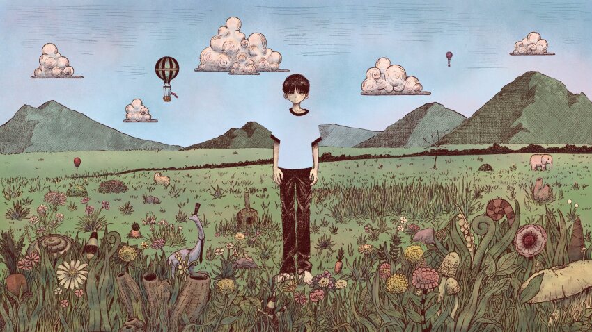 1boy aircraft balloon black_hair black_necktie black_pants blending blue_shirt blue_sky cloud copyright_request dinosaur elephant expressionless flower grass hat hatching_(texture) highres hot_air_balloon looking_at_viewer mountain necktie official_art original outdoors pants pink_flower plant sheep shirt short_hair short_sleeves sky solo standing syooooyoooo top_hat white_flower wide_shot yellow_flower