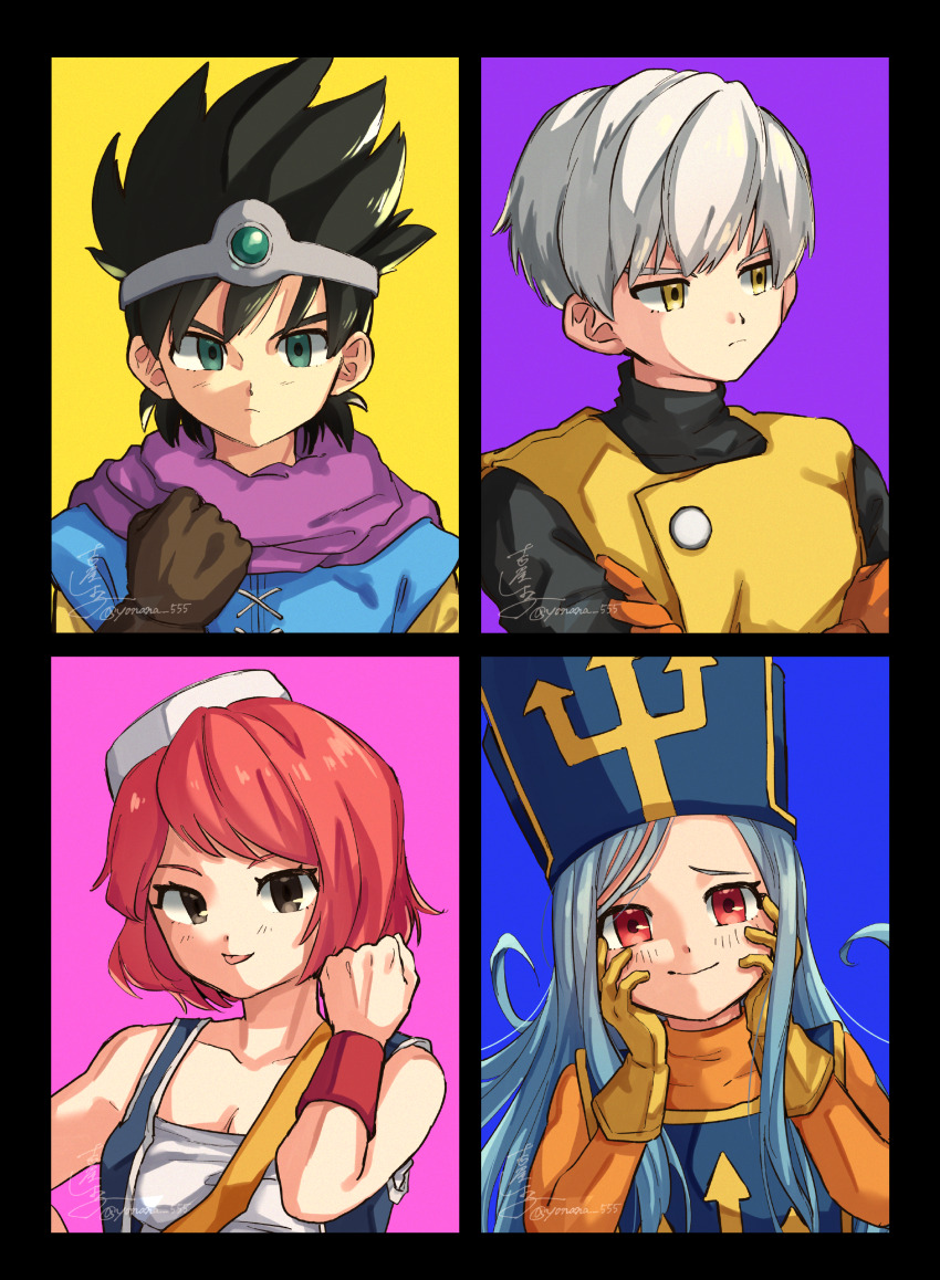 2boys 2girls absurdres aqua_eyes armband black_border black_hair black_shirt blue_background blue_hair blue_tabard blue_tunic blue_vest bob_cut bodysuit border breasts brown_eyes brown_gloves cape circlet cleavage clenched_hand commentary_request crossed_arms dragon_quest dragon_quest_iii gem gloves green_gemstone hands_on_own_cheeks hands_on_own_face hat hero_(dq3) highres long_hair looking_to_the_side merchant_(dq3) mitre multiple_boys multiple_girls orange_bodysuit pink_background pink_hair priest_(dq3) purple_background purple_cape red_armband red_eyes roto_(dq3) shirt short_hair signature silver_circlet smile spiked_hair strapless tabard thief_(dq3) tongue tongue_out tube_top tunic vest white_hat white_tube_top yellow_background yellow_eyes yellow_gloves yellow_vest yoshiya_shiyoko
