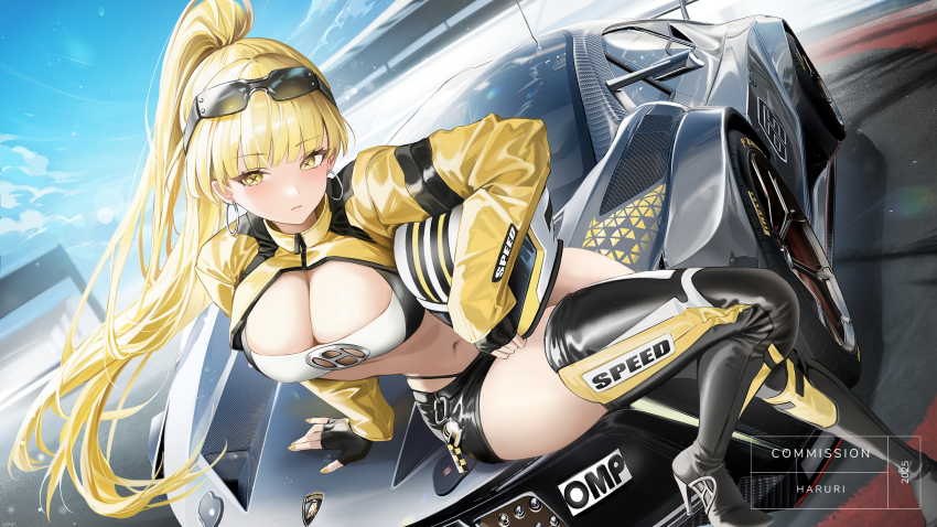 1girl arm_support artist_name blonde_hair blue_sky blush boots breasts car cleavage cleavage_cutout closed_mouth clothing_cutout cloud commentary commission crop_top day dutch_angle earrings eyewear_on_head haruri helmet high_heel_boots high_heels highres holding holding_unworn_helmet hoop_earrings jewelry lamborghini large_breasts lens_flare light_particles long_hair long_sleeves looking_at_viewer midriff motor_vehicle navel on_car original outdoors ponytail race_vehicle racecar shrug_(clothing) sitting sky solo sports_car symbol-shaped_pupils thighs unworn_headwear unworn_helmet very_long_hair watermark x-shaped_pupils yellow_eyes yellow_shrug