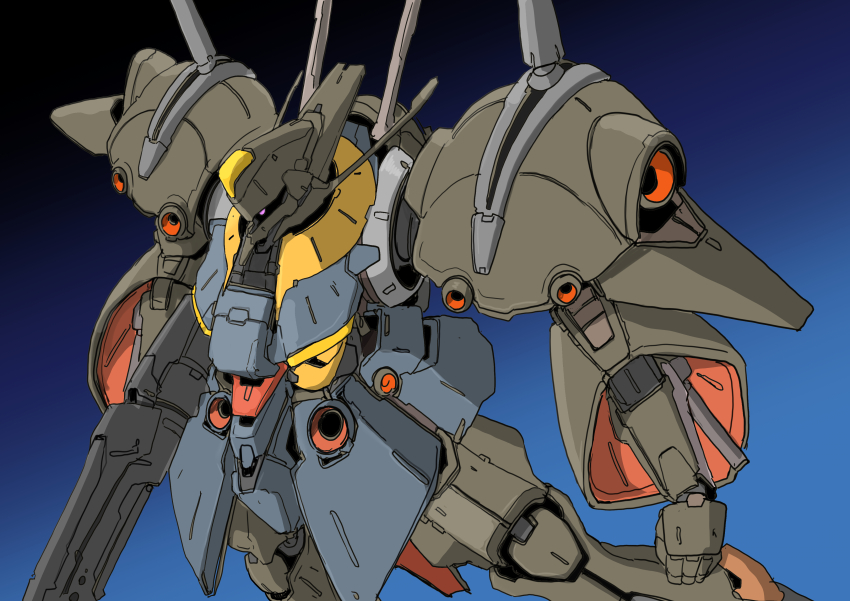 1980s_(style) absurdres beam_rifle blue_background commentary_request energy_gun gabthley gradient_background gundam highres kuroneko_koubou machinery mecha mecha_focus mobile_suit oldschool retro_artstyle robot science_fiction titans_(gundam) vernier_thrusters weapon zeta_gundam zeta_gundam_define