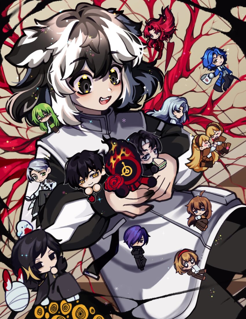 1other 6+boys 6+girls angela_(project_moon) animal_ears ayin_(project_moon) beanni big_bird_(project_moon) binah_(project_moon) black_eyes black_hair black_nails black_pants black_sleeves chesed_(project_moon) cowboy_shot dog_ears e.g.o_(project_moon) gebura_(project_moon) highres hod_(project_moon) hokma_(project_moon) jacket jang_schna judgement_bird library_of_ruina limbus_company lobotomy_corporation malkuth_(project_moon) medium_hair mimicry_(e.g.o) multicolored_hair multiple_boys multiple_girls nail_polish netzach_(project_moon) open_mouth pants project_moon punishing_bird roland_(project_moon) sidelocks smile streaked_hair the_burrowing_heaven tiphereth_a_(project_moon) tiphereth_b_(project_moon) white_hair white_jacket yesod_(project_moon)
