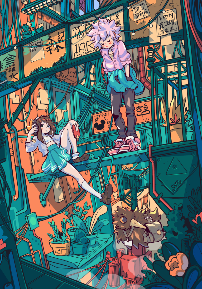 1boy 1girl adjusting_headphones aqua_skirt aqua_sweater artist_name balcony bird black_pants blush brown_hair brown_shoes building city cityscape closed_eyes closed_mouth clothes_around_waist commentary condenser_unit crop_top dated drainpipe flower fluorescent_lamp grey_headphones hand_on_own_knee hands_in_pockets high_up highres holding holding_phone jacket kiwi_(bird) knee_up lamp medium_hair multicolored_jacket multicolored_shoes orange_flower original outdoors pants phone pink_hair pink_shirt pink_shoes plant pleated_skirt potted_plant power_lines railing red_flower shirt shoes short_hair sign simz sitting skirt socks standing string_of_light_bulbs sweater sweater_around_waist transformer two-tone_shoes utility_pole white_shirt white_shoes white_socks