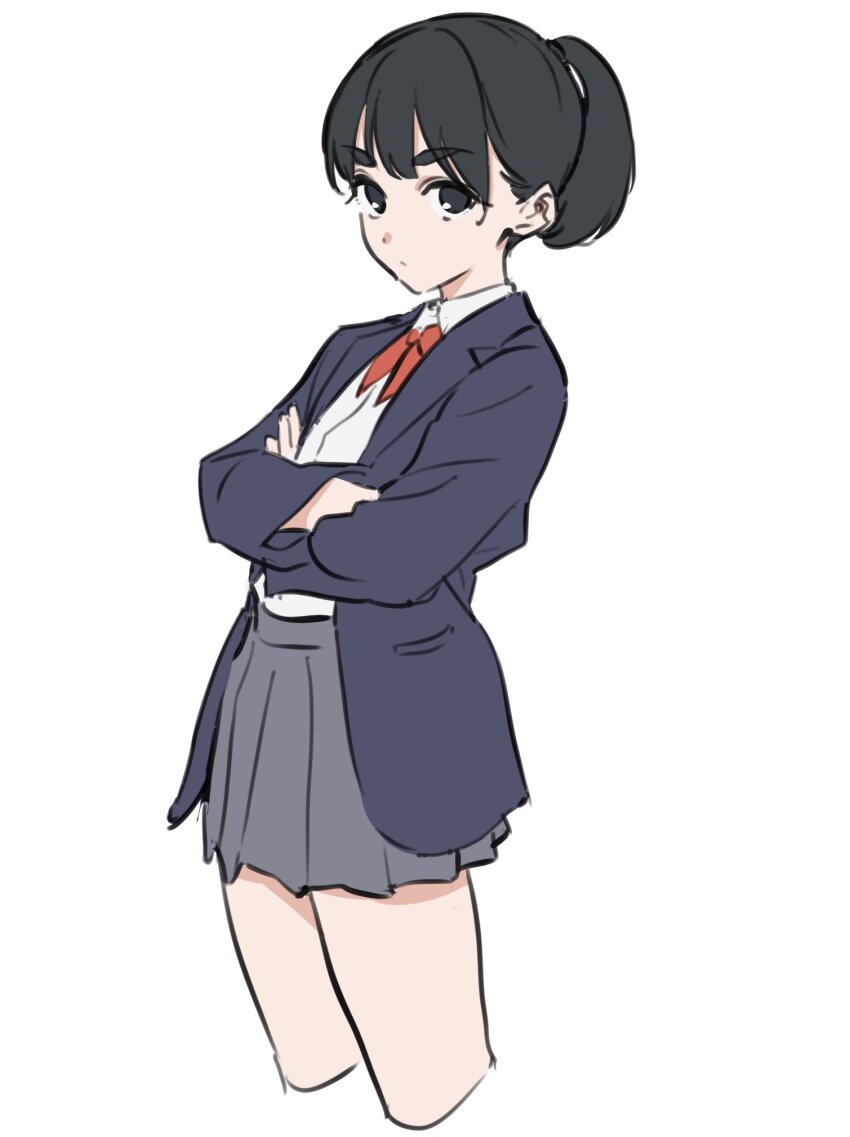 1girl black_eyes black_hair black_jacket blazer closed_mouth collared_shirt cowboy_shot cropped_legs crossed_arms grey_skirt highres jacket kashiwa_(iersansi) long_sleeves looking_at_viewer original pleated_skirt ponytail school_uniform shirt simple_background skirt solo white_background white_shirt