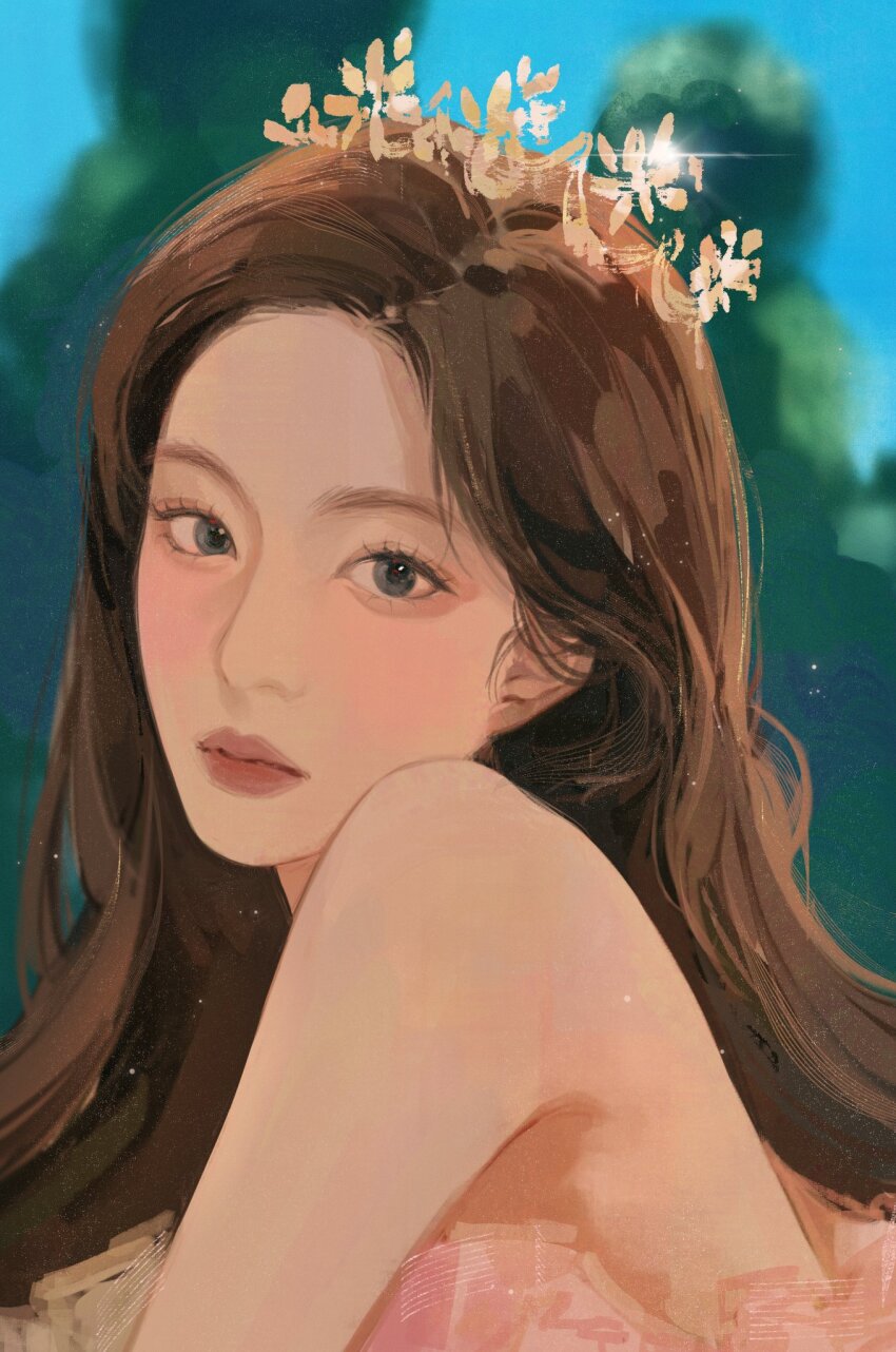 1girl bare_shoulders brown_hair closed_mouth commentary crown dress feel_my_rhythm_(red_velvet) glint hashtag-only_commentary highres irene_(red_velvet) k-pop long_hair looking_at_viewer pink_dress pink_lips profile real_life realistic red_velvet_(group) solo symbol-only_commentary yuanwei_shaoya