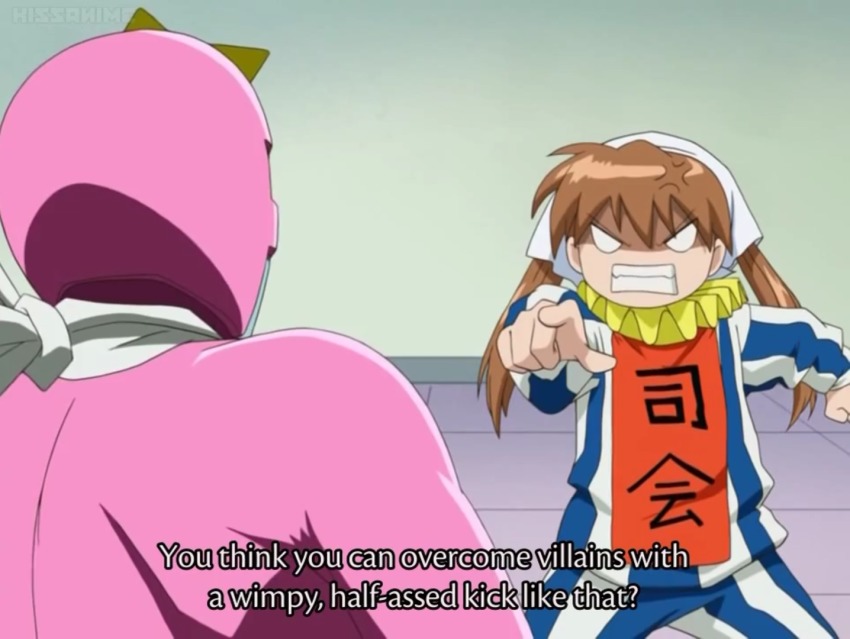 00s 1girl angry anime_screenshot english_text muteki_kanban_musume neck_ruff onimaru_miki tagme