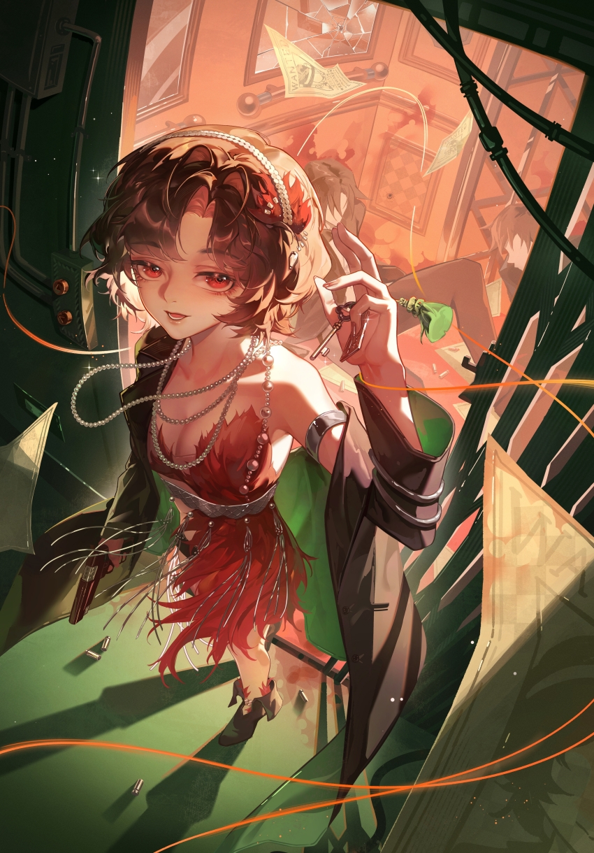 1girl 2others :d absurdres ankle_boots black_boots black_coat black_hair boots breasts bullet cleavage coat dress feather_hair_ornament feathers frilled_dress frills from_above full_body gun hair_ornament hairband hand_up handgun highres holding holding_gun holding_key holding_weapon jewelry key medium_breasts multiple_others necklace open_mouth pearl_necklace red_dress red_eyes red_feathers relws reverse:1999 schneider_(reverse:1999) short_dress short_hair single_off_shoulder sleeveless sleeveless_dress smile solo_focus standing wanted_poster weapon white_hairband