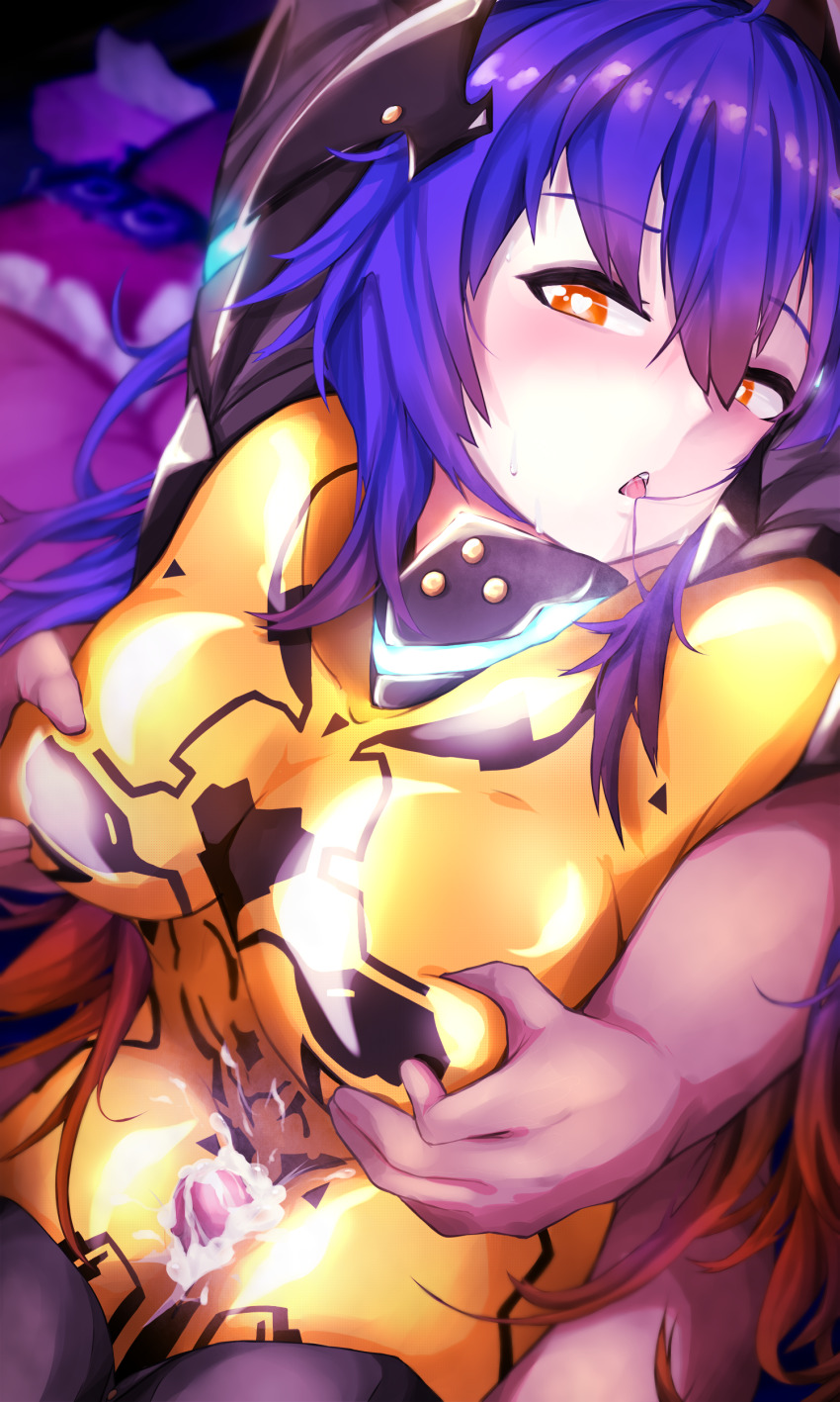 1boy 1girl absurdres arms_up black_trim blue_hair blush bodysuit breasts bright_pupils commentary cum cum_on_body cum_on_legs deltapluto grabbing_another&#039;s_breast gradient_hair groping hair_between_eyes hair_in_own_mouth headgear heart heart-shaped_pupils hetero highres impossible_bodysuit impossible_clothes large_breasts long_hair multicolored_hair open_mouth orange_eyes orange_hair penis phantasy_star phantasy_star_online_2 quna_(pso2) shiny_clothes sidelocks sitting sitting_on_person sweat symbol-shaped_pupils thigh_sex tongue twintails two-tone_hair white_pupils yellow_bodysuit zelsius