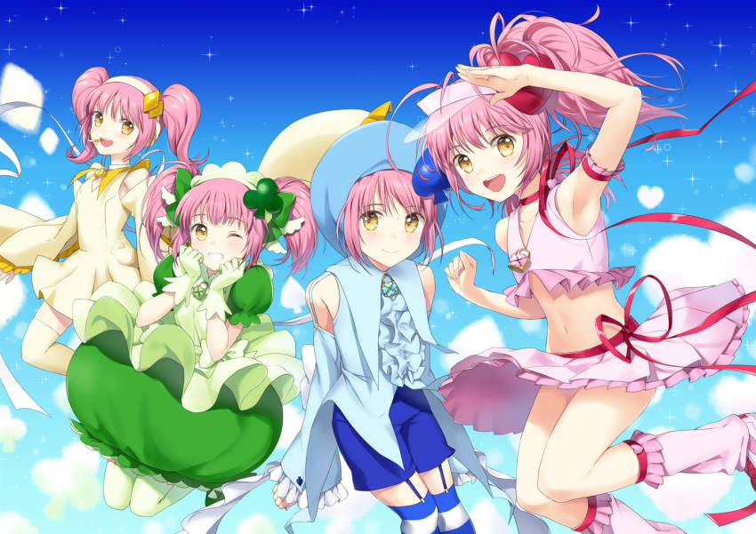 4girls amulet_clover amulet_dia amulet_heart amulet_spade blue_background female_focus gradient_background hinamori_amu multiple_girls multiple_persona pink_hair ponytail shugo_chara! striped_clothes striped_thighhighs thighhighs unya yellow_eyes