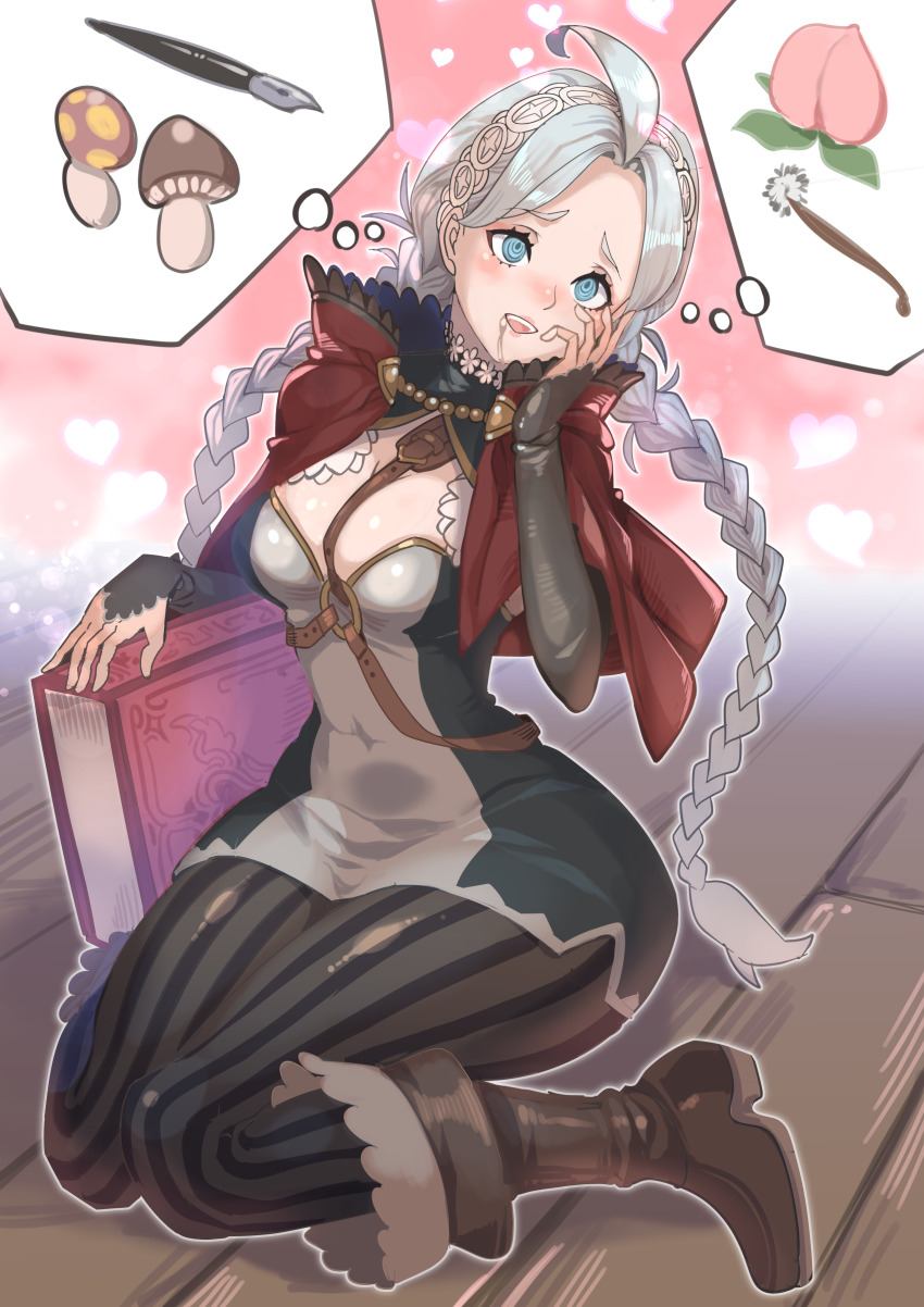 1girl absurdres ahoge blue_eyes book boots braid breasts brown_boots capelet commission commissioner_upload dress drooling fire_emblem fire_emblem_fates fujoshi hairband harness highres hood hooded_capelet kuwango long_hair looking_at_viewer low_twin_braids low_twintails medium_breasts microdress nina_(fire_emblem) nintendo non-web_source o-ring o-ring_harness open_mouth pantyhose parted_bangs red_hood skeb_commission solo speech_bubble striped_clothes striped_pantyhose thought_bubble twin_braids twintails two-tone_dress white_hair