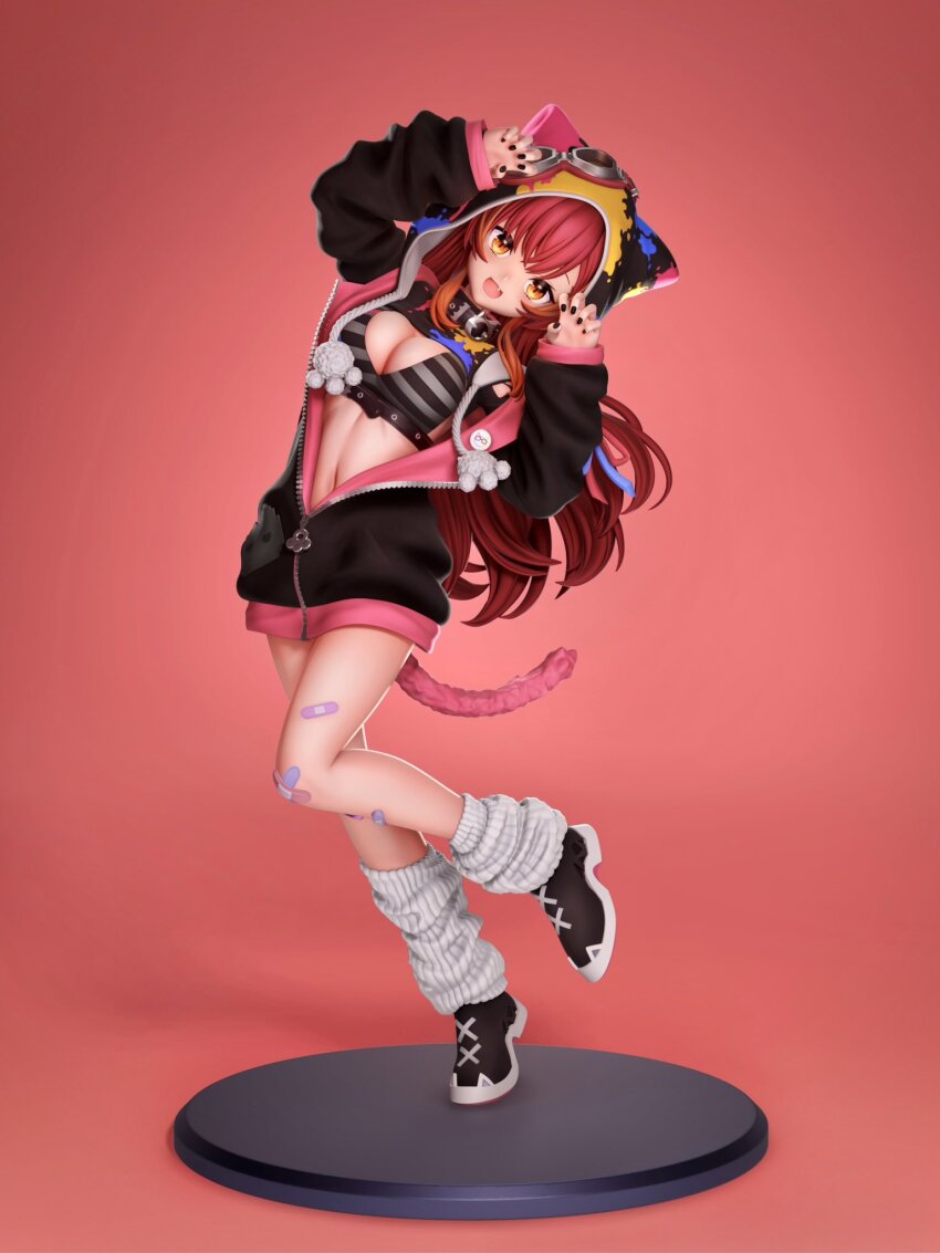 1girl bandaid bandaid_on_leg bra fang highres jacket navel nekota_tsuna open_clothes open_jacket orange_eyes red_hair solo tail underwear virtual_youtuber vspo! zbrush_(medium)