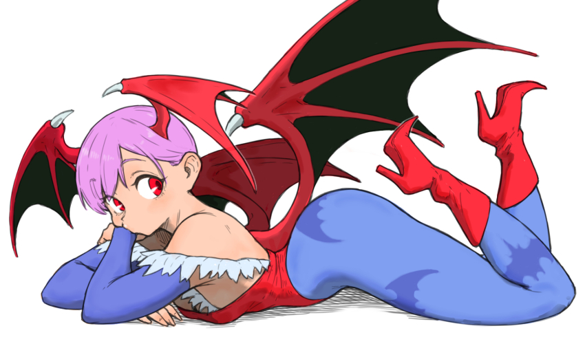 1girl ass bare_shoulders blue_pantyhose boots capcom darkstalkers demon_wings detached_sleeves full_body head_wings high_heel_boots high_heels highres lilith_(darkstalkers) pantyhose purple_hair red_boots red_heels short_hair solo toshinoshin wings