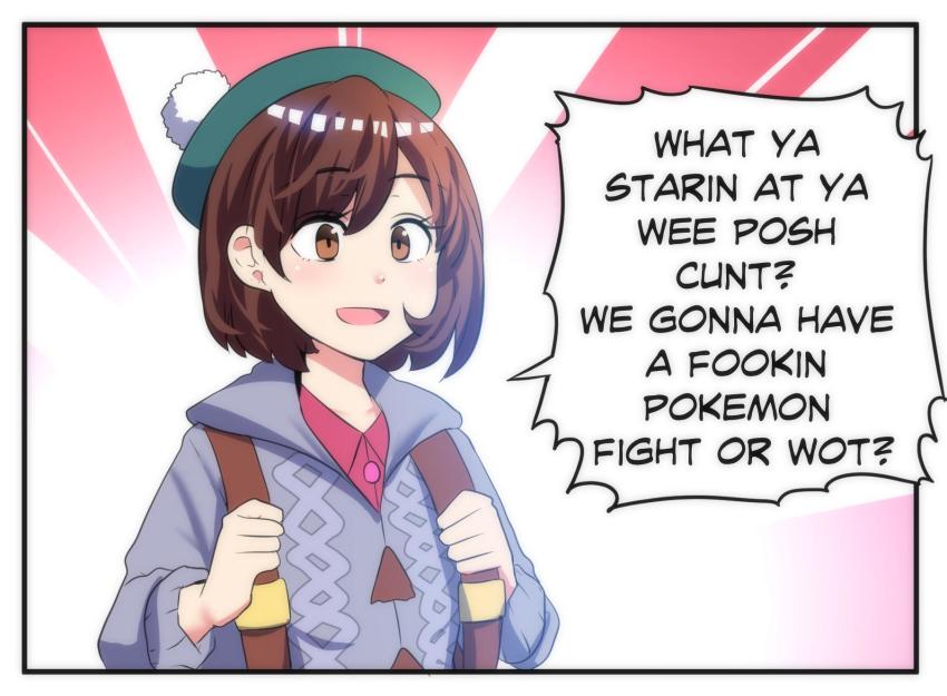 1girl bag brown_eyes brown_hair cardigan comic english_text gloria_(pokemon) grey_cardigan hat highres hinghoi holding holding_bag holding_strap long_sleeves merryweather nintendo pokemon pokemon_swsh profanity reverse_translation scottish_english_text scottish_pokemon_trainer_(meme) slang smile speech_bubble tam_o&#039;_shanter translated