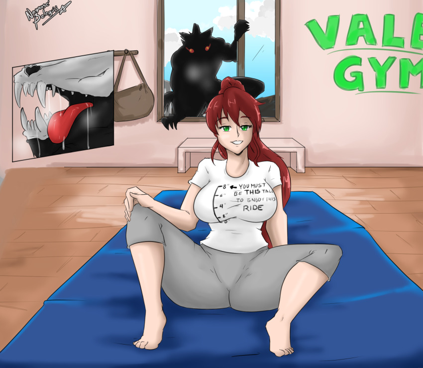 1boy 1girl breasts english_text green_eyes grimm_(rwby) highres huge_breasts long_hair monster nayaase_beleguii ponytail pyrrha_nikos rwby sitting