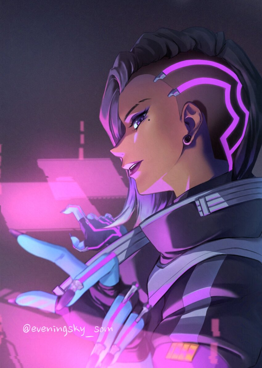 1girl asymmetrical_hair asymmetrical_legwear black_hair cyborg dark-skinned_female dark_skin eveningsky_som eyebrow_cut eyeshadow from_side highres holographic_interface jacket looking_at_viewer looking_down makeup mechanical_head mole mole_under_eye overwatch parted_lips purple_eyes purple_eyeshadow purple_hair purple_jacket purple_lips shaved_head sideways_glance simple_background solo sombra_(overwatch) straight_hair twitter_username