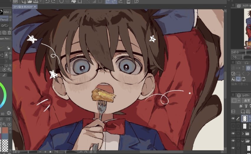 1boy blue_eyes blue_jacket brown_hair clip_studio_paint clip_studio_paint_(medium) collared_shirt edogawa_conan food fork glasses hair_between_eyes holding jacket kudou_shin&#039;ichi looking_at_viewer male_focus meitantei_conan necktie open_mouth school_uniform shirt short_hair teeth teitan_high_school_uniform tomoja_rs upper_body upper_teeth_only white_shirt