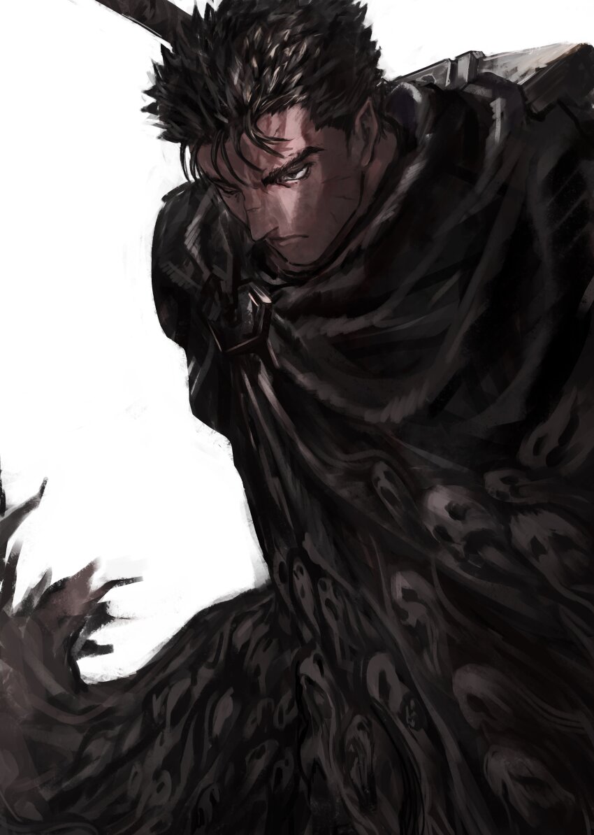 1boy absurdres berserk black_cloak black_hair chenrong96 cloak closed_mouth dragonslayer_(sword) facial_scar furrowed_brow guts_(berserk) highres huge_weapon male_focus one_eye_closed scar scar_on_cheek scar_on_face scar_on_nose short_hair solo upper_body weapon weapon_on_back white_background