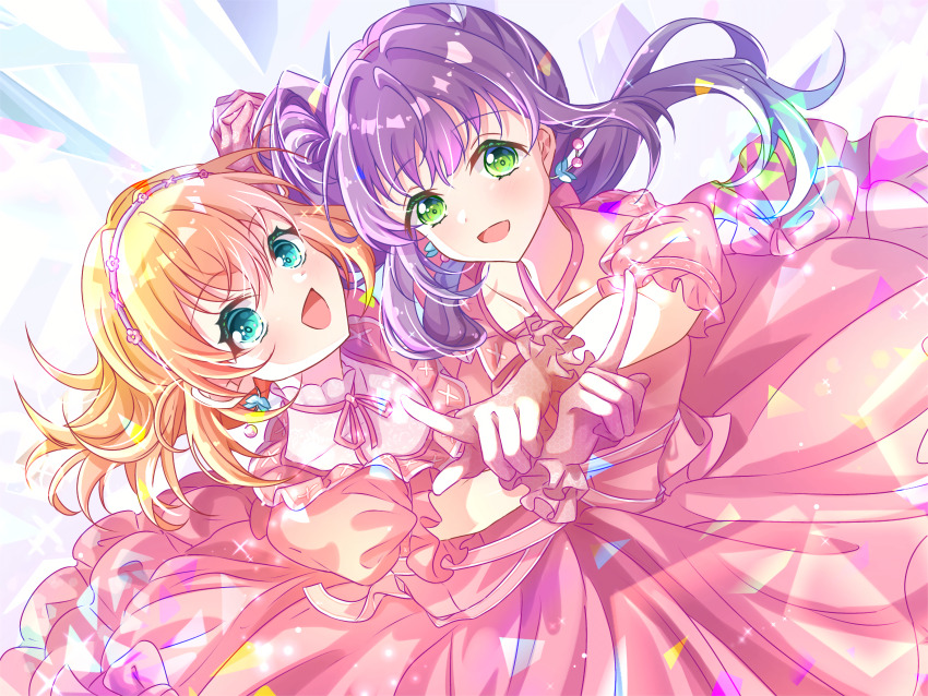 2girls :d absurdres aqua_eyes cerise_bouquet commentary_request criss-cross_halter crossed_bangs dress dutch_angle flower_hairband frilled_dress frilled_gloves frills gloves green_eyes hair_bun halter_dress halterneck highres hinoshita_kaho holding_hands index_finger_raised interlocked_fingers link!_like!_love_live! long_hair looking_at_viewer love_live! medium_hair multiple_girls neck_ribbon official_alternate_costume open_mouth orange_hair otomune_kozue pink_dress pink_gloves pink_ribbon puffy_short_sleeves puffy_sleeves purple_hair reflection_in_the_mirror_(love_live!) ribbon sakari_(pear_8_ll) short_sleeves side_ponytail sidelocks single_side_bun smile split_mouth two_side_up virtual_youtuber