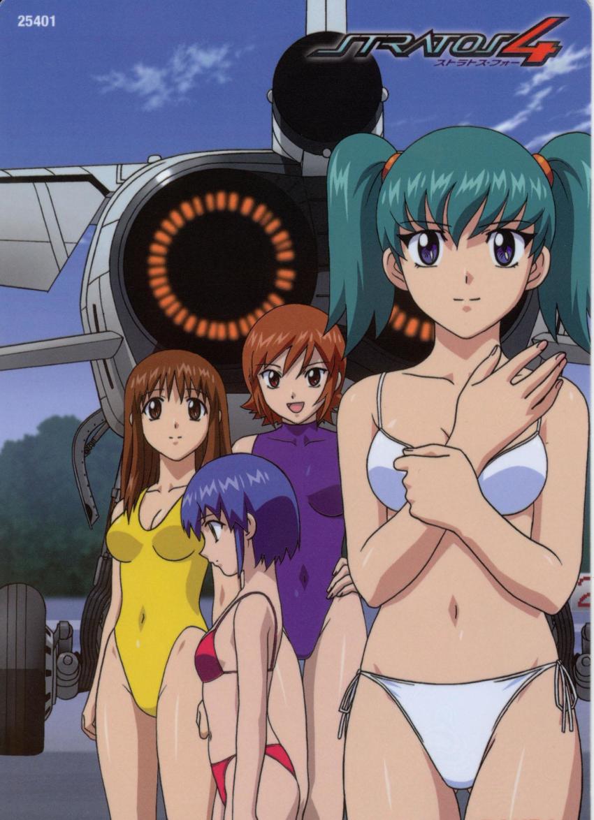 00s 4girls aircraft airplane aqua_hair attack_aircraft bandai bare_legs bikini blonde_hair blue_eyes blue_hair breasts brown_eyes brown_hair cleavage covered_navel curvy doi_shizuha female_focus green_hair hand_on_own_hip happy highres hip_focus honjou_mikaze jet kikuhara_karin long_hair looking_at_viewer looking_to_the_side medium_breasts midriff multiple_girls nakamura_ayamo navel official_art one-piece_swimsuit open_mouth orange_hair penetrator_(aircraft) prototype_design reconnaissance_aircraft red_bikini scan shiny_skin short_hair side-tie_bikini_bottom sideboob simple_background sky smile stratos_4 swimsuit tsr-2 twintails white_bikini wide_hips yamauchi_noriyasu yellow_one-piece_swimsuit