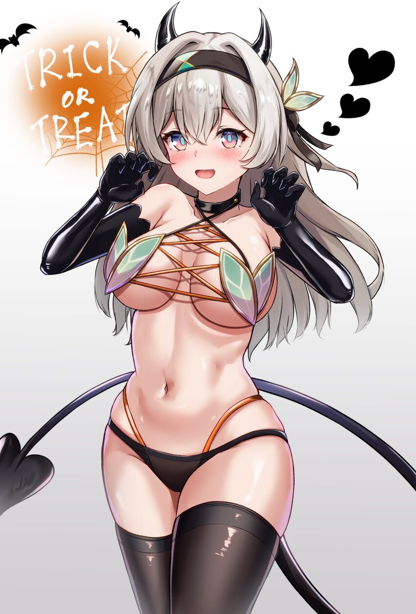 bikini black_bikini black_gloves black_tail black_thighhighs blush breasts cowboy_shot demon_horns demon_tail elbow_gloves firefly_(honkai:_star_rail) gloves grey_hair halloween heart highres honkai:_star_rail honkai_(series) horns large_breasts long_hair mattsi_hbkk purple_eyes swimsuit tail thighhighs white_bikini