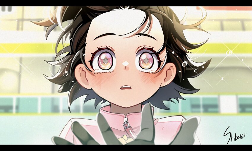 1boy 1girl akeuraji_tsukasa blue_jacket blush brown_hair dondonpafufu eye_reflection highres jacket medalist_(manga) portrait pov pov_hands reflection signature skating_rink solo_focus sparkle tearing_up tears teeth upper_teeth_only yuitsuka_inori zipper