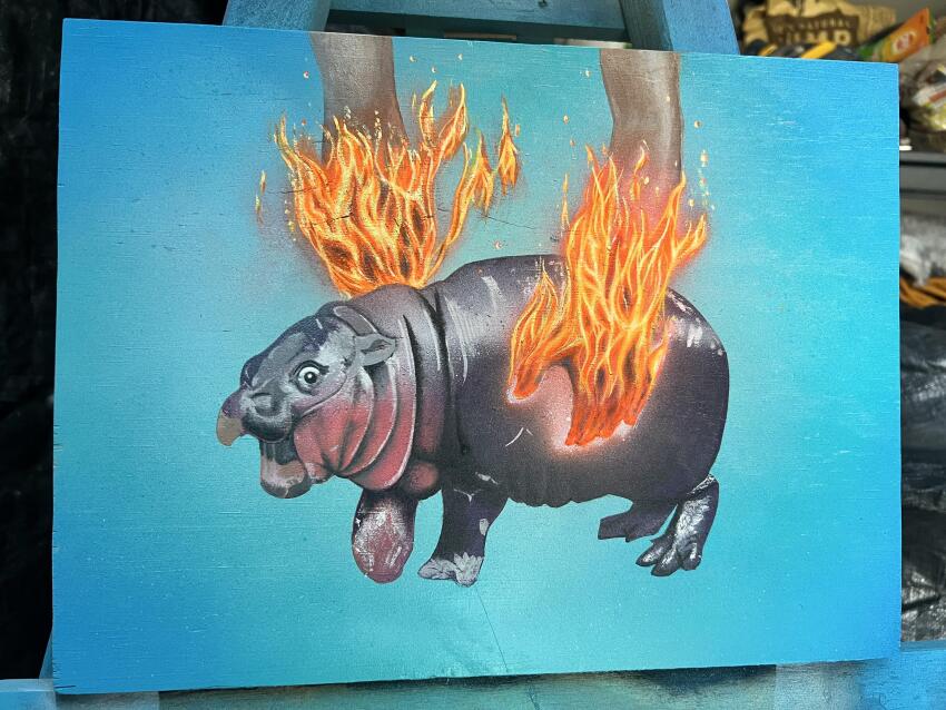 absurdres animal animal_focus black_eyes blue_background commentary english_commentary fire flaming_hand highres hippopotamus holding holding_animal moo_deng open_mouth painting_(medium) photo_(medium) real_life scared thebrads traditional_media