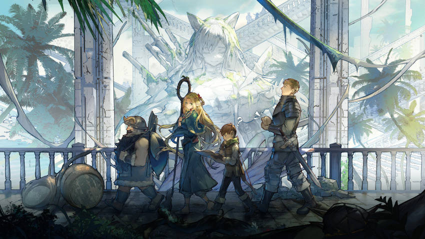 absurdres arknights armor axe blonde_hair bow ceobe_(arknights) chilchuck_tims dungeon_meshi dwarf elf facial_hair fake_horns from_side green_scarf helmet highres holding holding_wand horned_helmet horns laios_touden large_ears leather_armor marcille_donato mustache pointy_ears scarf senshi_(dungeon_meshi) statue sword thick_mustache walking wand weapon