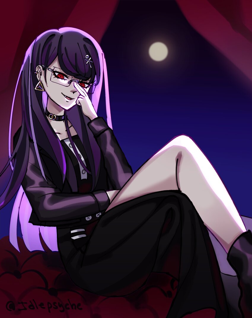 1girl absurdres black_boots black_dress black_jacket blue_background boots collar collarbone crossed_legs dress ear_piercing earrings female_focus glasses hand_up highres jacket jewelry legs long_hair long_sleeves looking_at_viewer moon night night_sky open_mouth piercing purple_hair red_eyes shizuhara_hiruko simple_background sitting sky solo solo_focus the_hundred_line_-last_defense_academy-