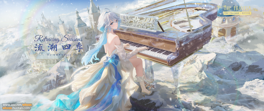 1girl ahoge alternate_costume artist_name bare_shoulders bird blue_bow blue_eyes blue_gemstone blue_hair blue_pupils bow chinese_commentary chinese_text cloud collarbone commentary commentary_request dated detached_sleeves dress drop-shaped_pupils english_commentary english_text from_side furina_(genshin_impact) gem genshin_impact grand_piano high_heels highres instrument long_hair mixed-language_commentary mixed-language_text multicolored_hair music outdoors piano playing_instrument rainbow sky snow solo strapless strapless_dress symbol-shaped_pupils very_long_hair watermark wboss web_address white_dress white_hair white_sleeves