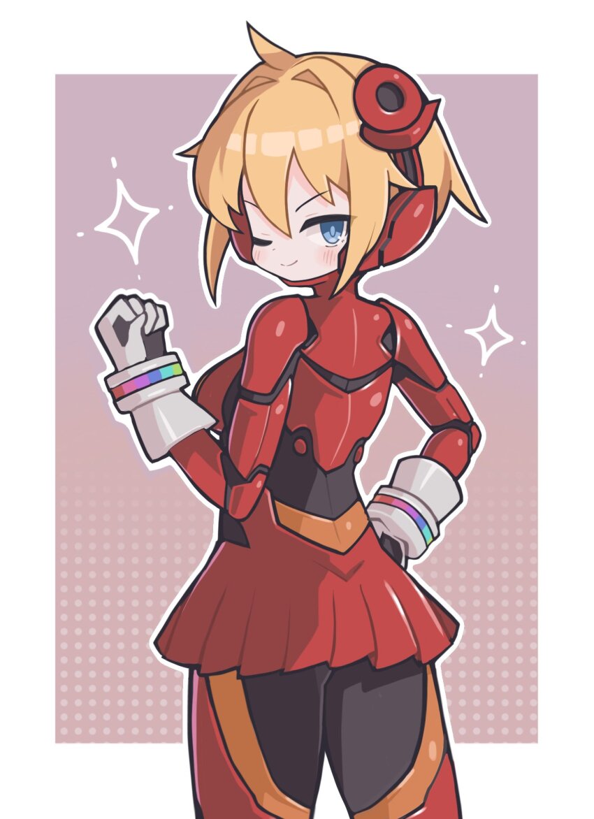 1girl ;) blonde_hair blue_eyes blush bodysuit border brown_background clenched_hand closed_mouth commentary cowboy_shot disgaea from_behind gloves hair_between_eyes hand_on_own_hip hand_up highres looking_at_viewer nijino_piyori one_eye_closed outline outside_border red_bodysuit shiny_clothes short_hair smile solo suaman v-shaped_eyebrows white_border white_gloves white_outline