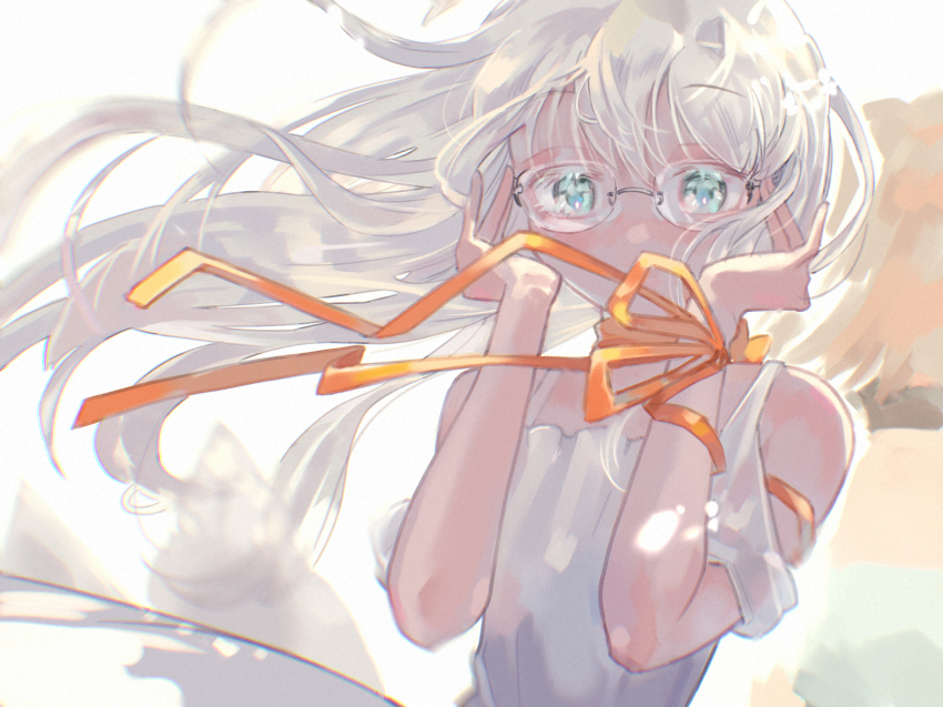 1girl adjusting_eyewear aratsuta_(aoedou) blue_eyes commentary_request dress glasses grey_hair hair_between_eyes heywood_l._edwards_(anniversary)_(kancolle) heywood_l._edwards_(kancolle) kantai_collection long_hair looking_at_viewer official_alternate_costume orange_ribbon ribbon simple_background solo upper_body white_background white_dress