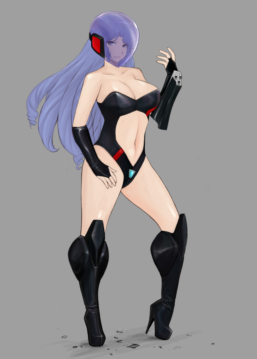 1girl bare_shoulders blue_hair boots breasts cleavage daitokuji_biko drill_hair female_focus full_body high_heel_boots high_heels highres komii large_breasts leotard long_hair project_a-ko solo visor