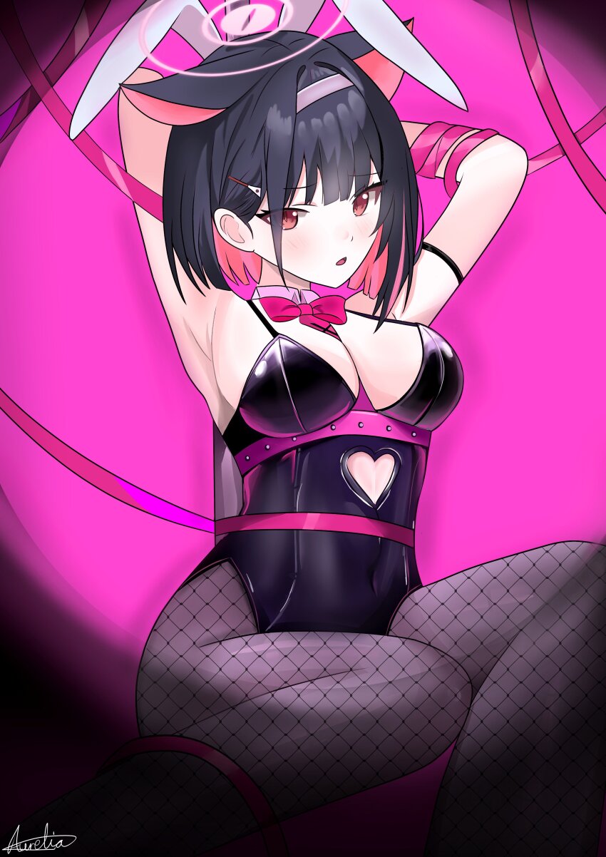 1girl :o absurdres alternate_costume animal_ears armpits arms_behind_head aurelia88 black_hair black_leotard black_pantyhose blue_archive blunt_bangs blunt_ends blush bob_cut bow bowtie breasts cat_ears cat_girl cleavage clothing_cutout colored_inner_animal_ears colored_inner_hair commentary covered_navel detached_collar english_commentary extra_ears eyes_visible_through_hair fake_animal_ears feet_out_of_frame fishnet_pantyhose fishnets furrowed_brow hair_behind_ear hair_intakes hair_ornament hairband hairclip halo heart_cutout highleg highleg_leotard highres kazusa_(blue_archive) large_breasts leotard long_ribbon looking_at_viewer multicolored_hair open_mouth pantyhose pink_background pink_bow pink_bowtie pink_hair pink_hairband pink_halo pink_ribbon playboy_bunny pole rabbit_ears rabbit_hole_(vocaloid) red_eyes ribbon signature simple_background sitting solo stripper_pole tsurime two-tone_hair vignetting
