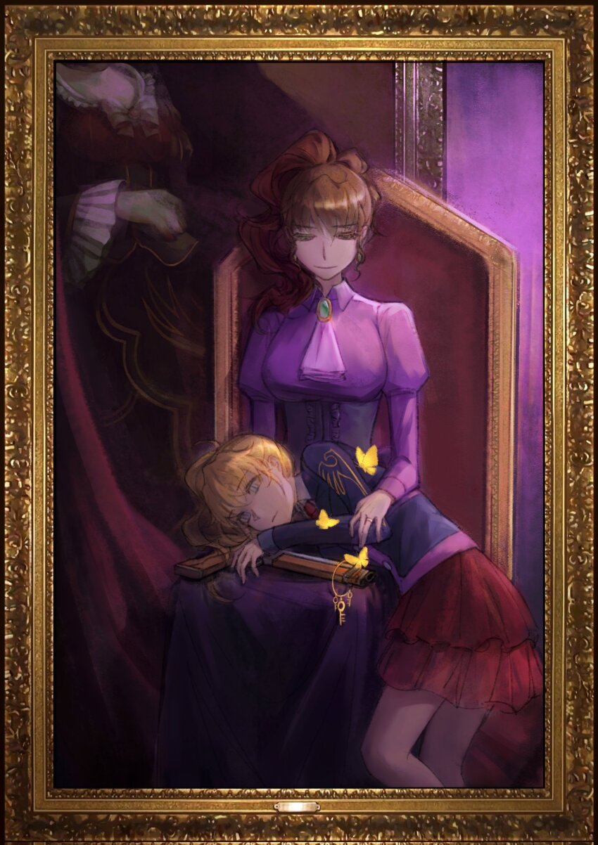 beatrice_(umineko) bug butterfly highres insect key mother_and_daughter plankto_x portrait umineko_no_naku_koro_ni ushiromiya_jessica ushiromiya_natsuhi weapon