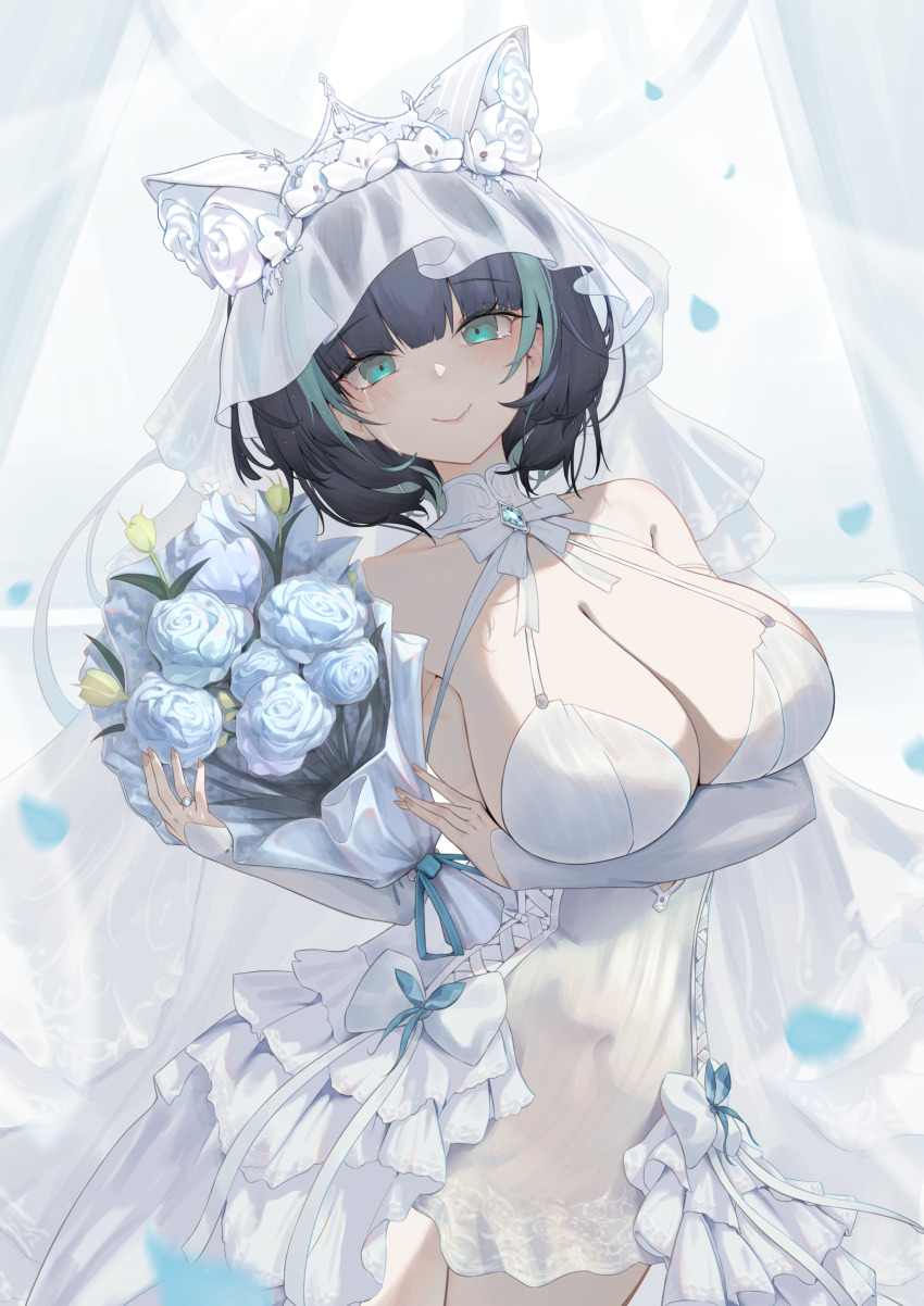 1girl absurdres annasui_factory aqua_eyes aqua_hair aqua_streaks arm_under_breasts azur_lane bare_shoulders black_hair blue_flower bouquet breasts bridal_veil cheshire_(azur_lane) cheshire_(white_seaside_melody)_(azur_lane) cleavage closed_mouth commentary covered_navel dress elbow_gloves flower frilled_dress frills gloves highres holding holding_bouquet large_breasts looking_at_viewer multicolored_hair official_alternate_costume showgirl_skirt smile socks solo streaked_hair thighs tiara veil white_dress white_flower white_gloves white_socks white_veil