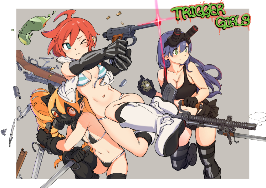 3girls ahoge aiming aqua_bikini aqua_eyes armpit_crease bare_shoulders bayonet bikini black_bikini black_bow black_gloves black_panties black_shirt black_skirt blonde_hair blue_hair blush bone_print boots bow breasts bright_pupils broken_goggles cleavage closed_mouth collarbone cowboy_shot crop_top cropped_jacket drill_hair dual_wielding elbow_gloves explosive feet_out_of_frame firing frag_(trigger) full_body gas_mask gloves goggles goggles_on_head green_eyes grenade grey_background gun hair_between_eyes hair_bow hair_ornament highres holding holding_grenade holding_sword holding_weapon jacket kr_ohoshisama large_breasts light_frown long_hair looking_to_the_side mask medium_breasts microskirt midair multiple_girls muzzle_(trigger) navel one_eye_closed panties pantyshot red_hair rifle shell_casing shirt short_hair simple_background skirt sleeveless sleeveless_jacket small_breasts smile spring_(trigger) string_bikini striped_bikini striped_clothes swimsuit sword thighhighs thighhighs_under_boots thighs trigger-chan trigger_(company) underwear unworn_goggles very_long_hair wardrobe_malfunction weapon white_footwear white_jacket white_pupils yellow_eyes zettai_ryouiki