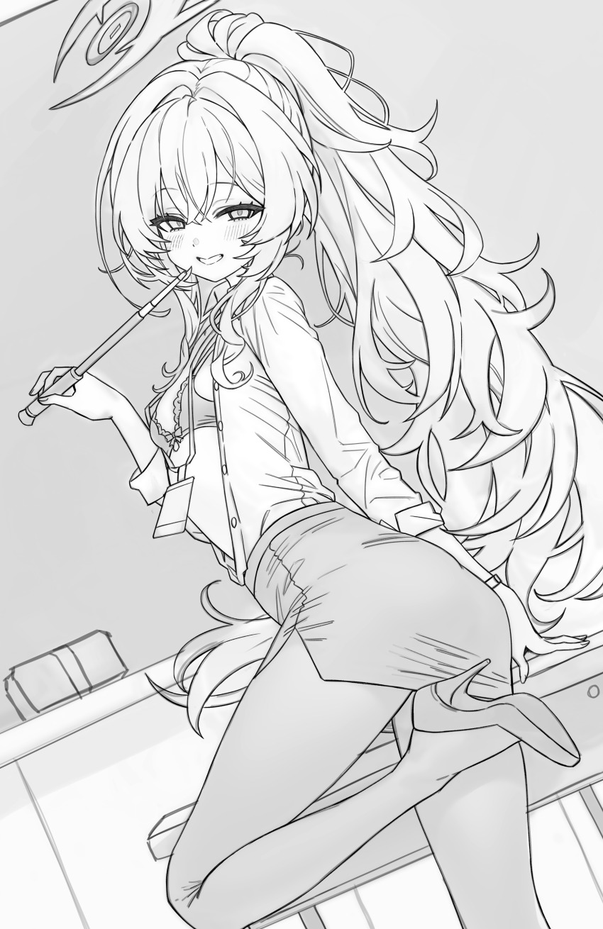 1girl absurdres blue_archive blush bra breasts commentary_request fluffy_hair freng greyscale halo high_heels high_ponytail highres holding id_card lanyard leg_up long_hair long_sleeves looking_at_viewer miniskirt monochrome open_clothes open_shirt pantyhose pencil_skirt ponytail professor_niyaniya_(blue_archive) professor_niyaniya_(teacher)_(blue_archive) shirt_tucked_in shoes skirt sleeves_rolled_up small_breasts smile solo standing standing_on_one_leg teeth underwear very_long_hair
