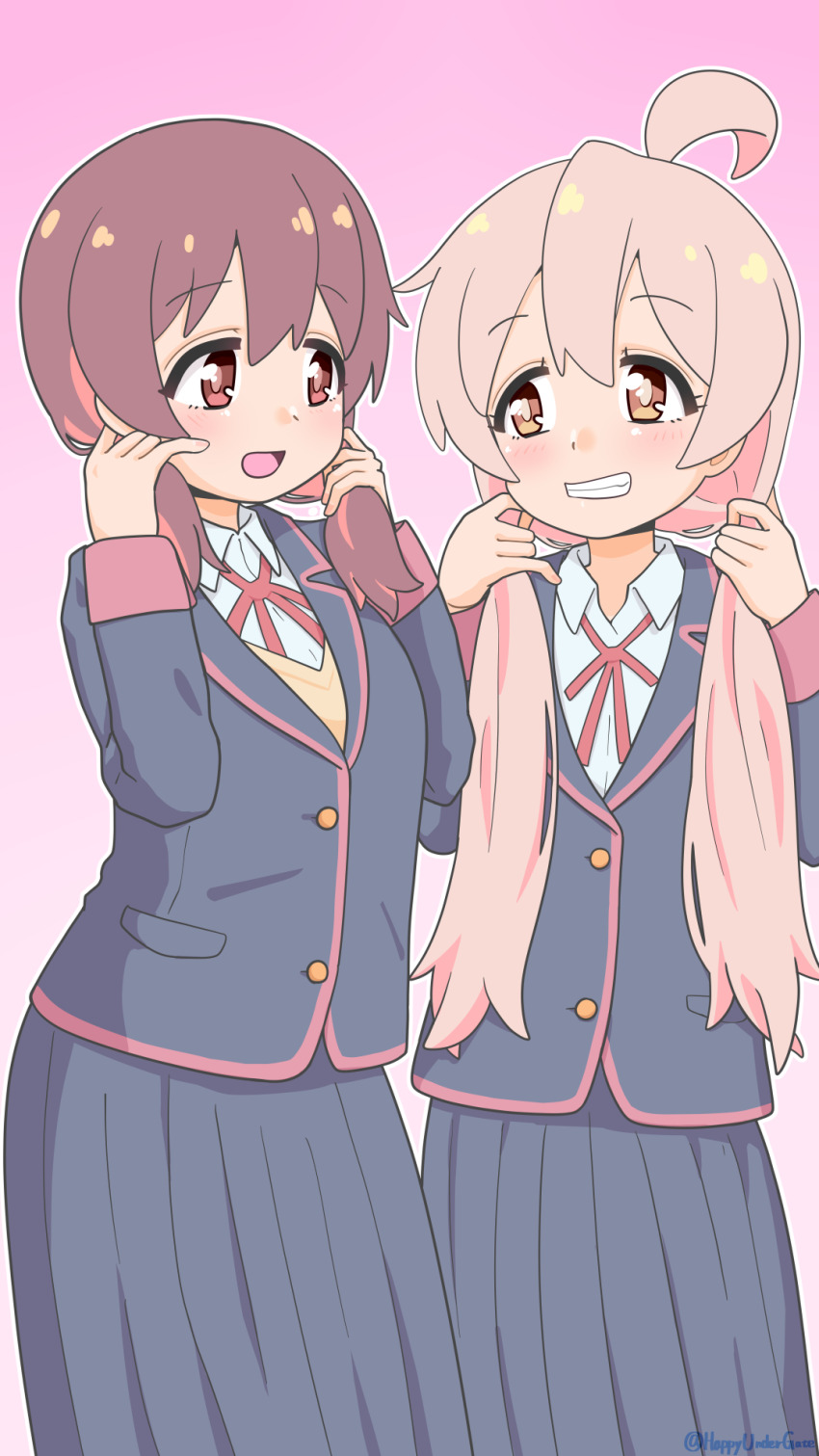 2girls :d ahoge artist_name black_jacket black_skirt brown_eyes brown_hair bunching_hair commentary gradient_background grin hair_between_eyes happyundergate highres jacket light_blush long_hair long_sleeves looking_at_another low_twintails matching_hairstyle multicolored_hair multiple_girls murosaki_miyo neck_ribbon onii-chan_wa_oshimai! open_mouth oyama_mahiro pink_background pink_hair pleated_skirt red_eyes red_ribbon ribbon school_uniform shirt simple_background skirt smile twintails twitter_username two-tone_hair white_shirt wing_collar