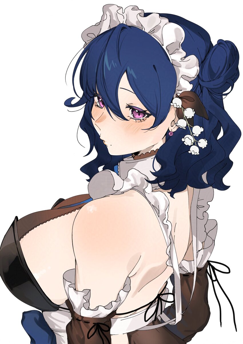 1girl absurdres artist_request back black_dress blue_hair breasts commentary_request detached_sleeves dress flower hair_between_eyes hair_bun highres huge_breasts indie_virtual_youtuber lily_of_the_valley maid maid_headdress mole mole_under_mouth pink_eyes short_hair sideboob single_hair_bun solo tokiai_misao virtual_youtuber white_background white_flower white_headdress