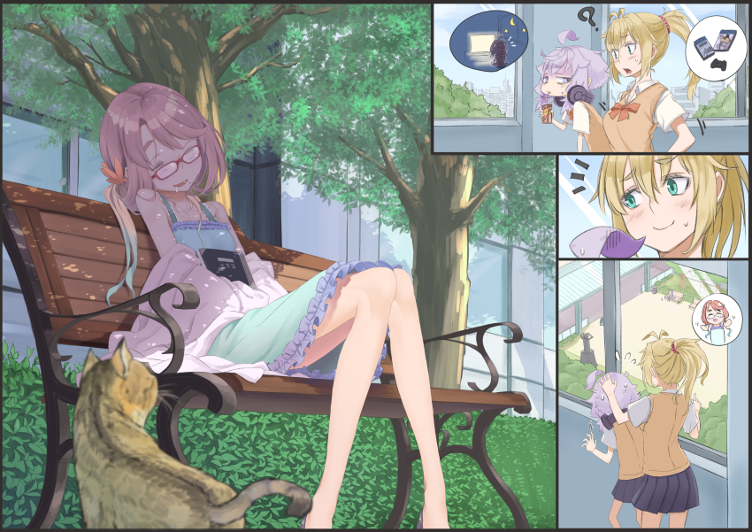 3girls =_= ? absurdres ahoge alternate_costume antenna_hair black_skirt blonde_hair book bow bowtie brown_sweater_vest bush cat collared_shirt comic commentary_request courtyard dappled_sunlight dress drinking drooling feet_out_of_frame frilled_dress frills glasses gloom_(expression) green_dress green_eyes haruno_sora highres holding_carton hunched_over legs light_blush low_ponytail mole mole_under_eye multiple_girls notice_lines on_bench outdoors pleated_skirt pointing ponytail popped_collar red-framed_eyewear red_bow red_bowtie school shade shiratama_(siratama5656) shirt short_hair short_sleeves sidelocks sidelocks_tied_back silent_comic skirt sleeping sleeping_upright sleepy sleeveless sleeveless_dress spaghetti_strap spoken_character spoken_object sunlight sweatdrop sweater_vest tree tsurumaki_maki vocaloid voiceroid white_shirt window yuzuki_yukari