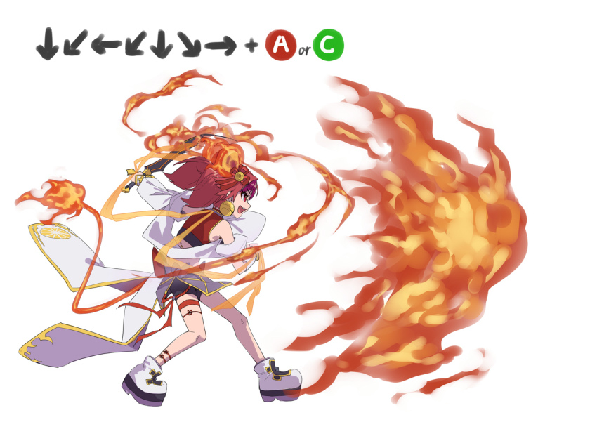 1girl animal_ears bare_shoulders breasts command_input crop_top detached_sleeves duel_monster fiery_ears fiery_tail fire full_body ha-re_the_sword_mikanko holding holding_sword holding_weapon long_sleeves midriff mouse_ears mouse_tail red_eyes red_hair shun_no_shun solo sword tail twintails weapon yu-gi-oh!