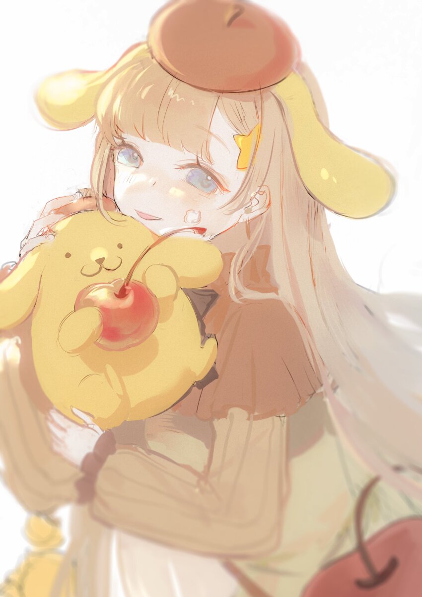 absurdres animal_ears bag beret blonde_hair blue_eyes blunt_bangs blush brown_outline capelet carrying cherry dog_ears flower food fruit hair_ornament hairclip handbag hat highres hug in-franchise_crossover long_hair long_sleeves matching_outfits non-web_source open_mouth outline pompompurin rapunzel_(sinoalice) senryoko sidelocks simple_background sinoalice sketch very_long_hair white_background yellow_flower