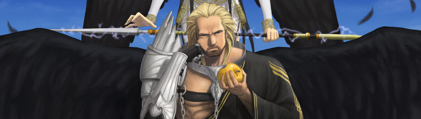 1boy 1girl apple bad_id bad_pixiv_id beard black_wings blonde_hair electricity facial_hair food fruit highres mabinogi morrighan nuadha shirajira weapon wings