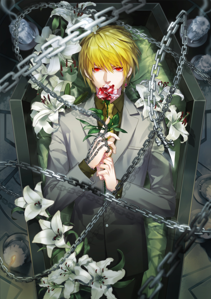 1boy absurdres blonde_hair blood blurry candle candlelight candlestand catree chain closed_mouth coffin collared_shirt cowboy_shot depth_of_field earrings floating_earring flower flower_to_mouth formal_clothes highres holding holding_flower hunter_x_hunter in_container jewelry kurapika lily_(flower) long_sleeves looking_at_viewer lying male_focus multicolored_flower multicolored_rose necktie on_back pants red_eyes red_flower red_rose ring rose shirt single_earring smoke solo suit thorns weapon white_flower white_rose yellow_necktie yellow_shirt