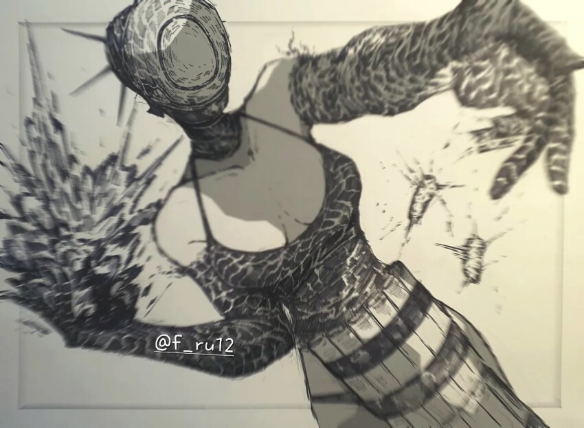1girl black_gloves bomb_devil_(chainsaw_man) breasts chainsaw_man elbow_gloves epeulu_(ate5424) explosion facing_to_the_side gloves hatching_(texture) linear_hatching medium_breasts nuclear_weapon pelvic_curtain photo_(medium) reze_(chainsaw_man) solo twitter_username